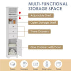 Meuble de rangement autoportant, armoire de sol en MDF avec 3 tiroirs, 2 étagères ouvertes et 1 porte pour salle de bain, cuisine, salon