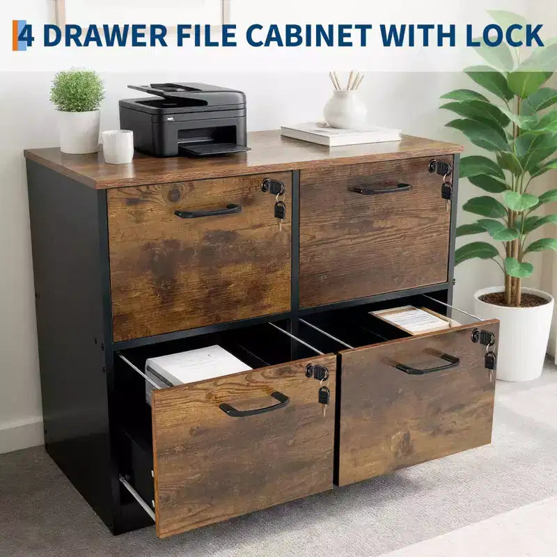 Meuble de classement à 4 tiroirs avec serrure, armoire de classement en bois verrouillable pour imprimante de bureau à domicile, armoire de classement verrouillable pour dossiers de format lettre/A4
