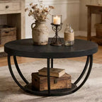 Lantine Round Coffee Table, Farmhouse 32 Circle Coffee Table for Living Room, Modern 2-Tier Wood Accent Center Table with Storage Open Shelves, Black