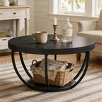 Table basse ronde, Table basse circulaire de 32 pouces pour salon, Table d'appoint centrale moderne à 2 niveaux en bois avec étagères de rangement ouvertes, Noir