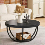 Table basse ronde, Table basse circulaire de 32 pouces pour salon, Table d'appoint centrale moderne à 2 niveaux en bois avec étagères de rangement ouvertes, Noir