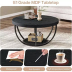 Table basse ronde, Table basse circulaire de 32 pouces pour salon, Table d'appoint centrale moderne à 2 niveaux en bois avec étagères de rangement ouvertes, Noir