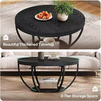 Table basse ronde, Table basse circulaire de 32 pouces pour salon, Table d'appoint centrale moderne à 2 niveaux en bois avec étagères de rangement ouvertes, Noir