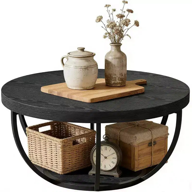 Table basse ronde, table basse circulaire de ferme de 32 po pour salon, table basse d'appoint moderne à 2 niveaux en bois avec étagères de rangement ouvertes, noire