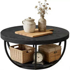Table basse ronde, Table basse circulaire de 32 pouces pour salon, Table d'appoint centrale moderne à 2 niveaux en bois avec étagères de rangement ouvertes, Noir