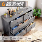 Commode à 6 tiroirs de 137 cm, armoire de rangement haute en bois avec tiroirs profonds pour chambre à coucher, salon et couloir