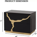 Table de chevet moderne 71 cm, motif laqué or, tiroirs en queue d'aronde, meubles de chambre à coucher noir et or