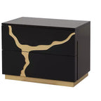 Table de chevet moderne 71 cm, motif laqué or, tiroirs en queue d'aronde, meubles de chambre à coucher noir et or