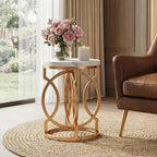 MAYEERTY Round End Table, Modern Bedside Table with Faux Marble Top