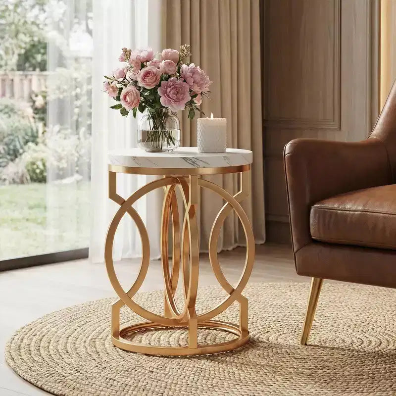 MAYEERTY Round End Table, Modern Bedside Table with Faux Marble Top