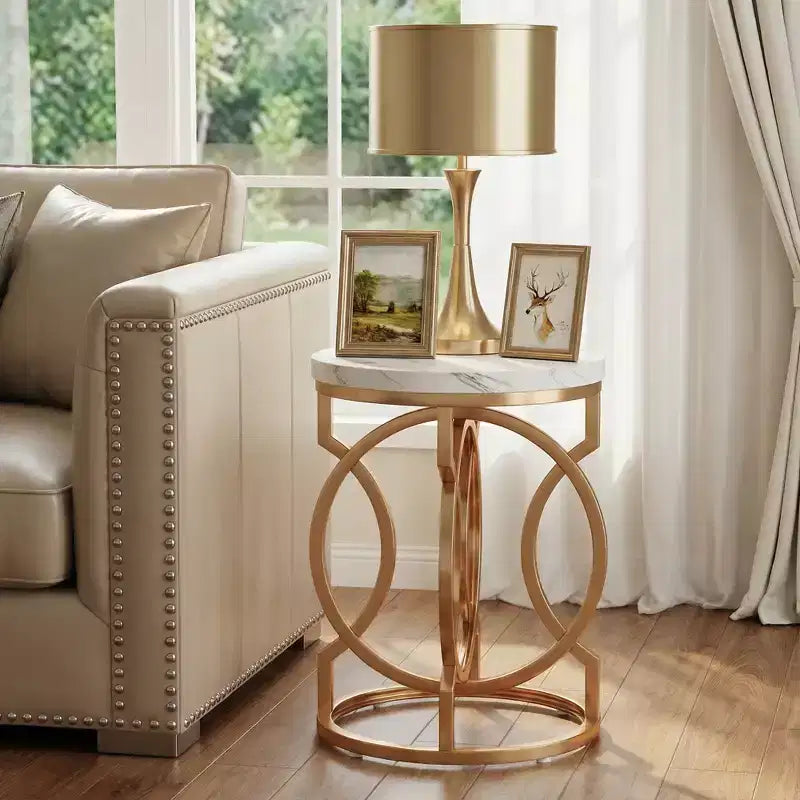 Table d'appoint ronde, Table de chevet moderne avec plateau en faux marbre