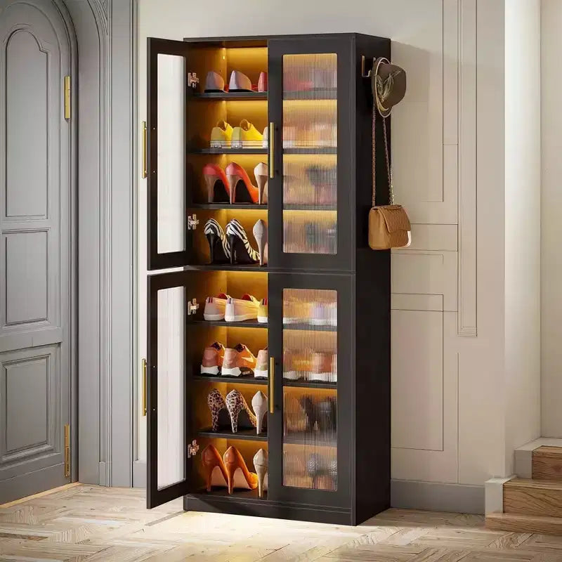 Meuble à chaussures autoportant avec portes en acrylique et lumières LED, organisateur de rangement de chaussures pour entrée