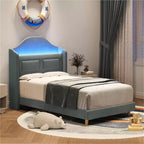 Twin Bed Frames for Kids/Girls, Wingback Velvet Platform Bed with LED Lights for Princess, Upholstered Storage Headboard, Wooden Slats Support, Blue
