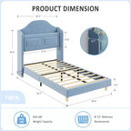 Cadres de lit jumeaux pour enfants/filles, lit plateforme en velours capitonné avec lumières LED pour princesse, tête de lit rembourrée avec rangement, support à lattes en bois, bleu