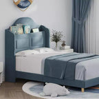 Cadres de lit jumeaux pour enfants/filles, lit plateforme en velours capitonné avec lumières LED pour princesse, tête de lit rembourrée avec rangement, support à lattes en bois, bleu