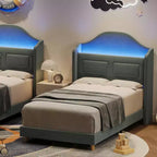Cadres de lit jumeaux pour enfants/filles, lit plateforme en velours capitonné avec lumières LED pour princesse, tête de lit rembourrée avec rangement, support à lattes en bois, bleu