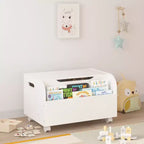 Banc de rangement pour jouets en bois avec 4 roulettes pivotantes, doté d'une étagère avant, d'un couvercle à charnières et de charnières de sécurité. Idéal pour l'organisation de la salle de jeux.