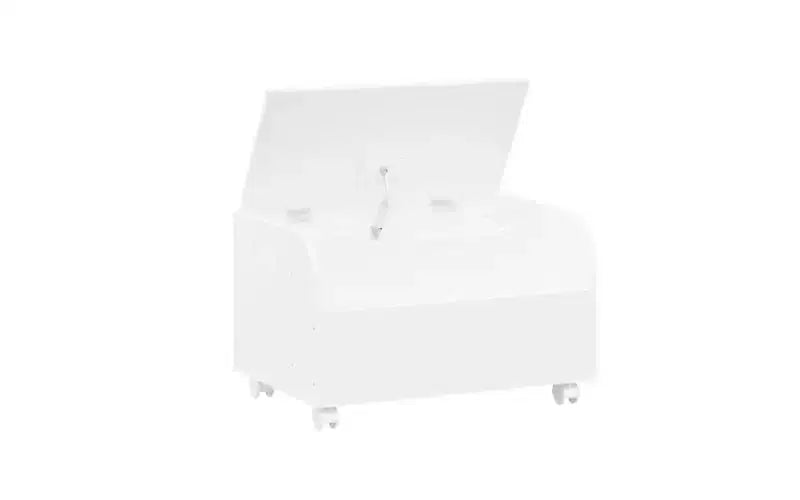 Banc de rangement pour jouets en bois avec 4 roulettes pivotantes, doté d'une étagère avant, d'un couvercle à charnières et de charnières de sécurité. Idéal pour l'organisation de la salle de jeux.