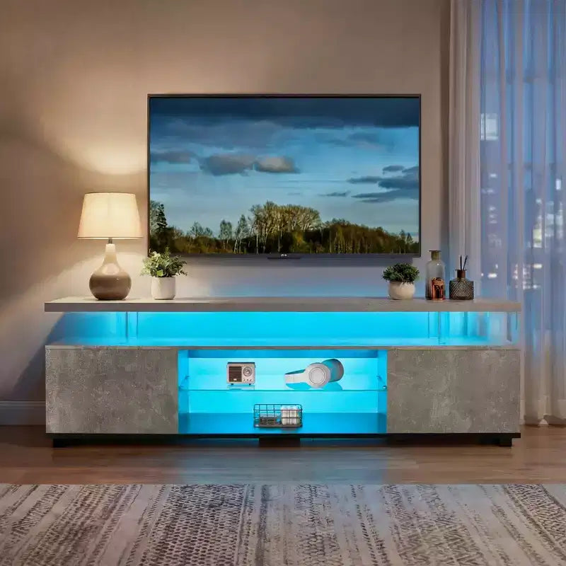 Meuble TV pour téléviseur 55 pouces LED, console multimédia de rangement pour jeux, avec grand placard latéral pour salon (gris et noir)