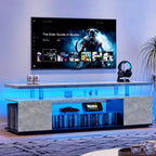 Meuble TV pour téléviseur 55 pouces LED, console multimédia de rangement pour jeux, avec grand placard latéral pour salon (gris et noir)