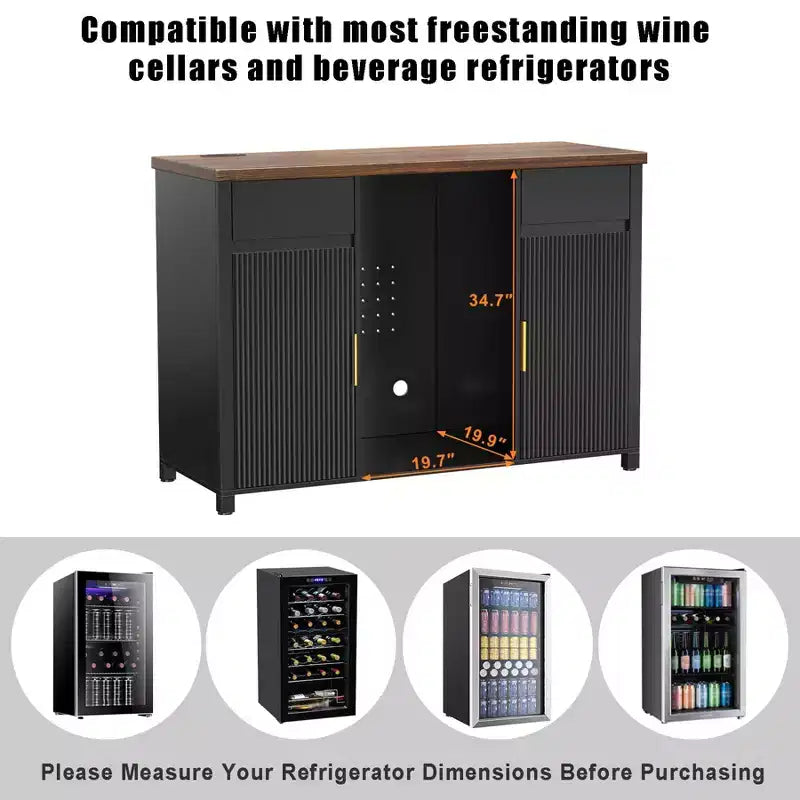 Meuble de bar à café avec emplacement pour réfrigérateur, buffet de rangement avec mini-réfrigérateur 135 cm Noir