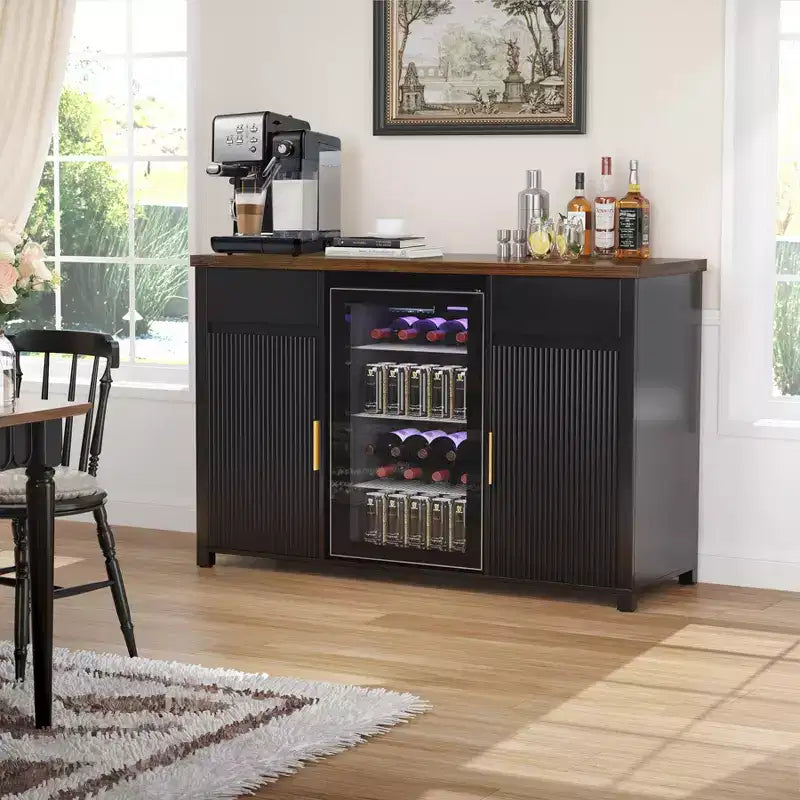 Meuble de bar à café avec emplacement pour réfrigérateur, buffet de rangement avec mini-réfrigérateur 135 cm Noir