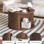 Table basse ronde avec rangement, table basse avec panneau cannelé et porte coulissante incurvée, étagère de présentation ouverte, table d'appoint moderne en bois