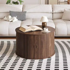 Table basse ronde avec rangement, table basse avec panneau cannelé et porte coulissante incurvée, étagère de présentation ouverte, table d'appoint moderne en bois