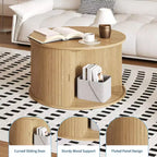Table basse ronde avec rangement, table basse avec panneau cannelé et porte coulissante incurvée, étagère de présentation ouverte, table d'appoint moderne en bois