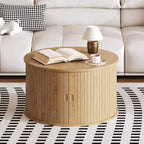 Table basse ronde avec rangement, table basse avec panneau cannelé et porte coulissante incurvée, étagère de présentation ouverte, table d'appoint moderne en bois