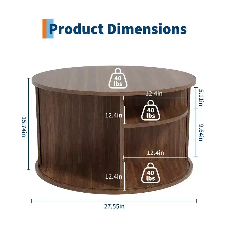 Table basse ronde avec rangement, table basse avec panneau cannelé et porte coulissante incurvée, étagère de présentation ouverte, table d'appoint moderne en bois