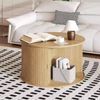 Round Coffee Table with Storage, Fluted Panel Design Coffee Table with Curved Sliding Door and Open Display Shelf, Modern Wooden End Table