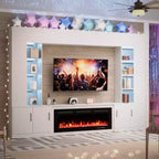 112Grand meuble TV mural avec cheminée et lumières LED
