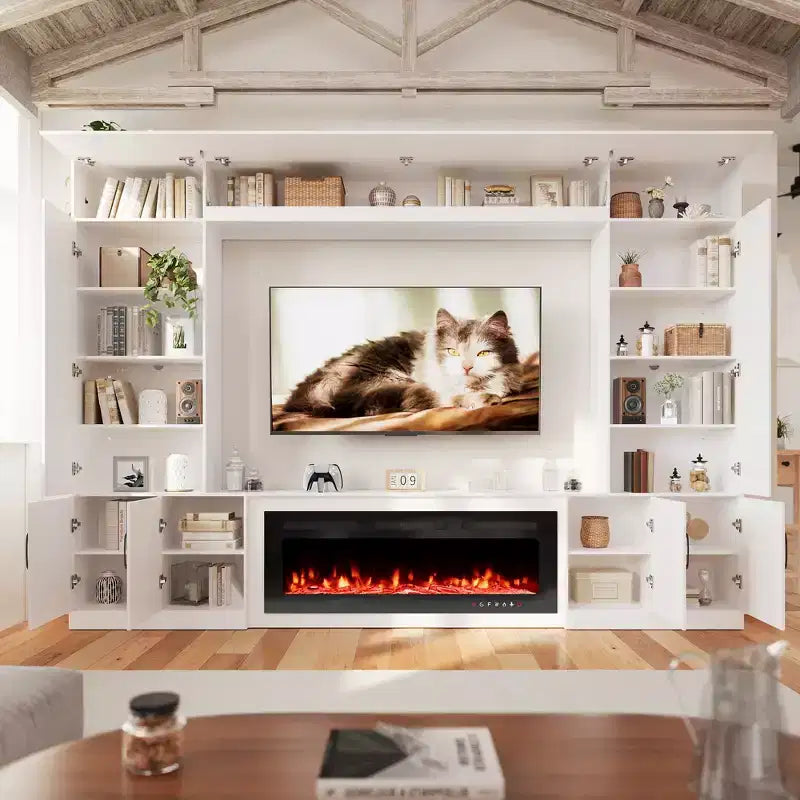 112Grand meuble TV mural avec cheminée et lumières LED