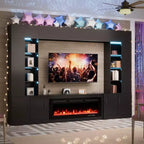112Grand meuble TV mural avec cheminée et lumières LED