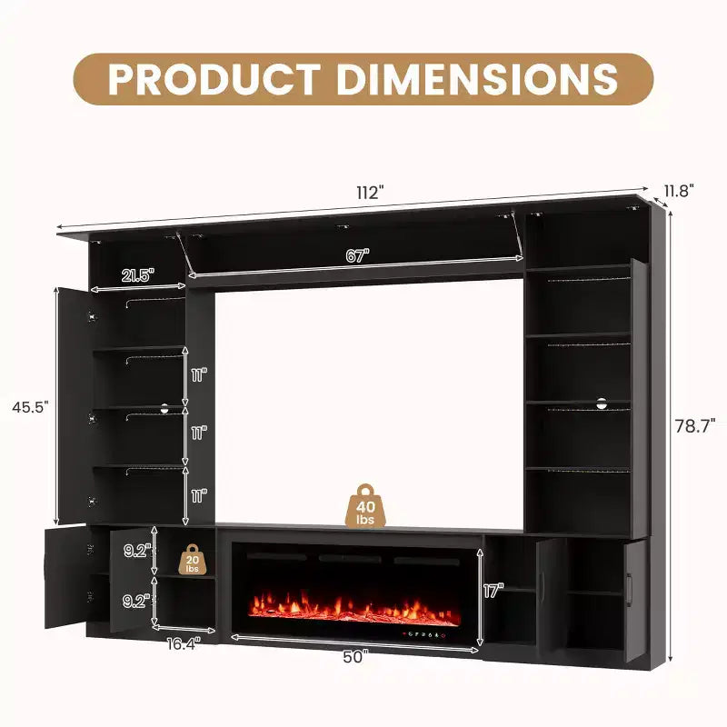 112Grand meuble TV mural avec cheminée et lumières LED
