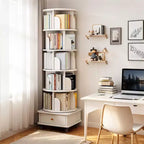 6 Tier 360 Rotating Bookshelf , 18.1118.1168.11 Warm White Round Spinning Tower, Sturdy MDF Structure, Multi-Scene Use in Bedroom, Living Room