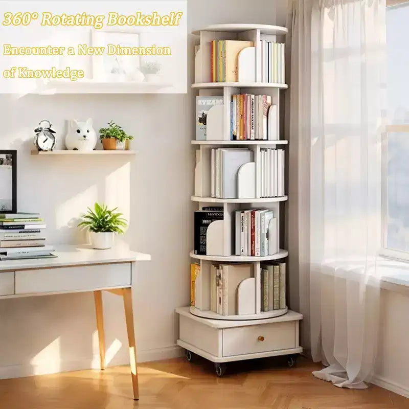 Étagère à Livres Rotative à 360° à 6 Niveaux, Tour Tournante Ronde Blanche Chaude 46x46x173 cm, Structure Robuste en MDF, Utilisation Multi-Scènes dans la Chambre, le Salon