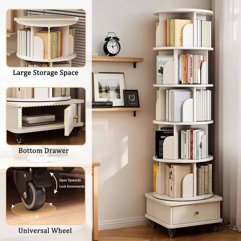 Étagère à Livres Rotative à 360° à 6 Niveaux, Tour Tournante Ronde Blanche Chaude 46x46x173 cm, Structure Robuste en MDF, Utilisation Multi-Scènes dans la Chambre, le Salon