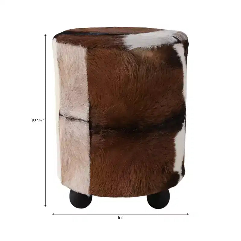 Ottoman rembourré imprimé vache décoratif avec pieds boules - Repose-pieds ottoman polyvalent et confortable, tabouret de salon - 20, marron et ivoire