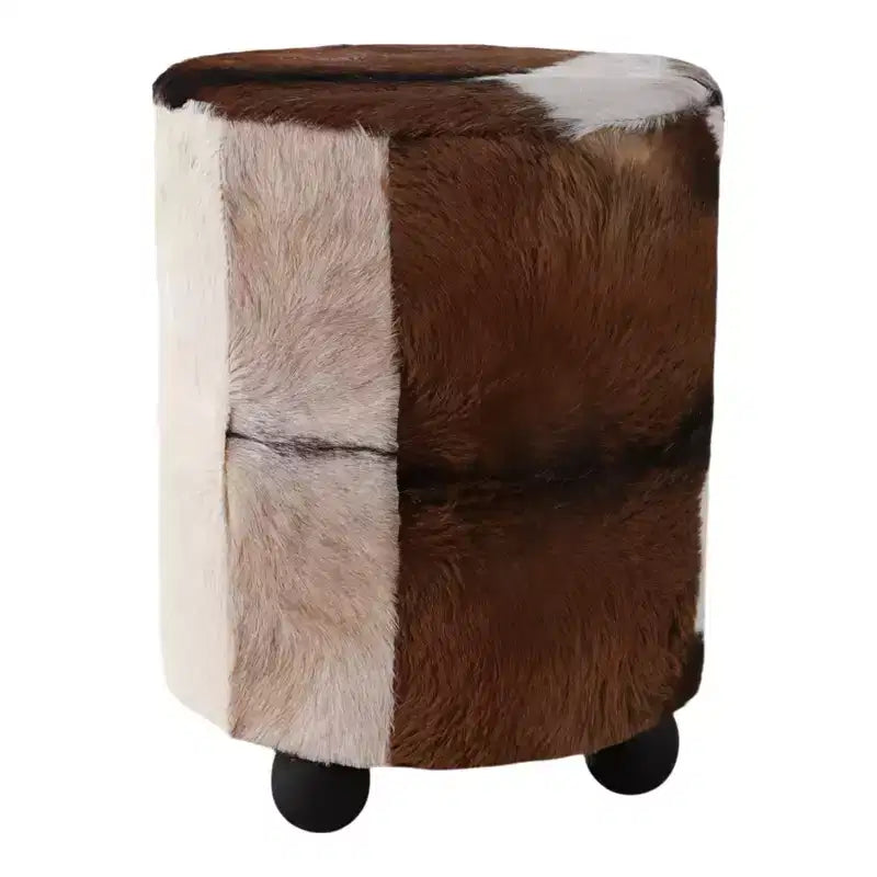 Ottoman rembourré imprimé vache décoratif avec pieds boules - Repose-pieds ottoman polyvalent et confortable, tabouret de salon - 20, marron et ivoire