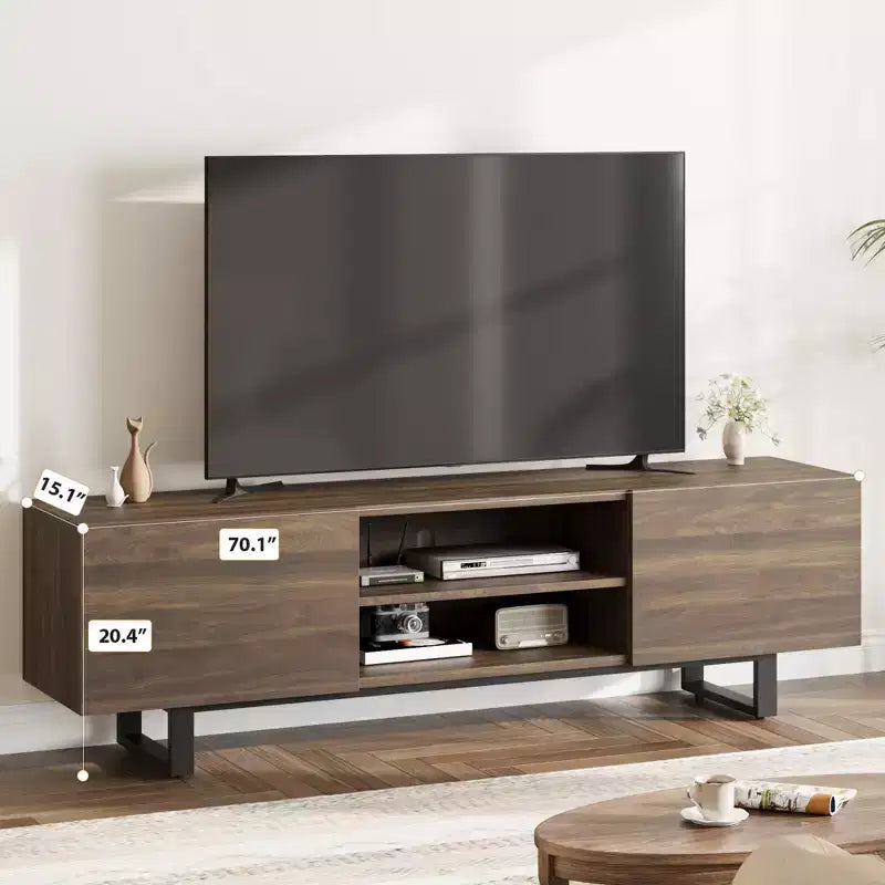 Meuble TV industriel pour 80 pouces, centre de divertissement moderne avec 2 tiroirs, meuble multimédia en bois avec pieds robustes et rangement ouvert