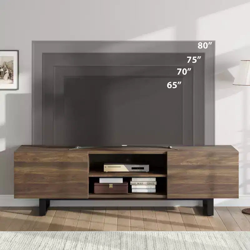 Meuble TV industriel pour 80 pouces, centre de divertissement moderne avec 2 tiroirs, meuble multimédia en bois avec pieds robustes et rangement ouvert