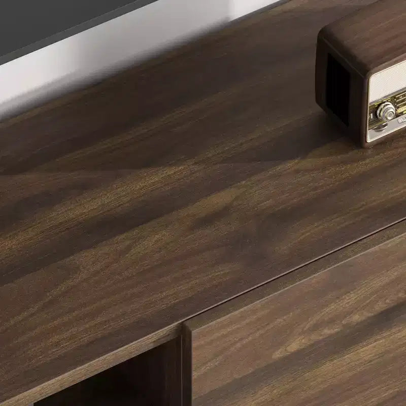 Meuble TV industriel pour 80 pouces, centre de divertissement moderne avec 2 tiroirs, meuble multimédia en bois avec pieds robustes et rangement ouvert