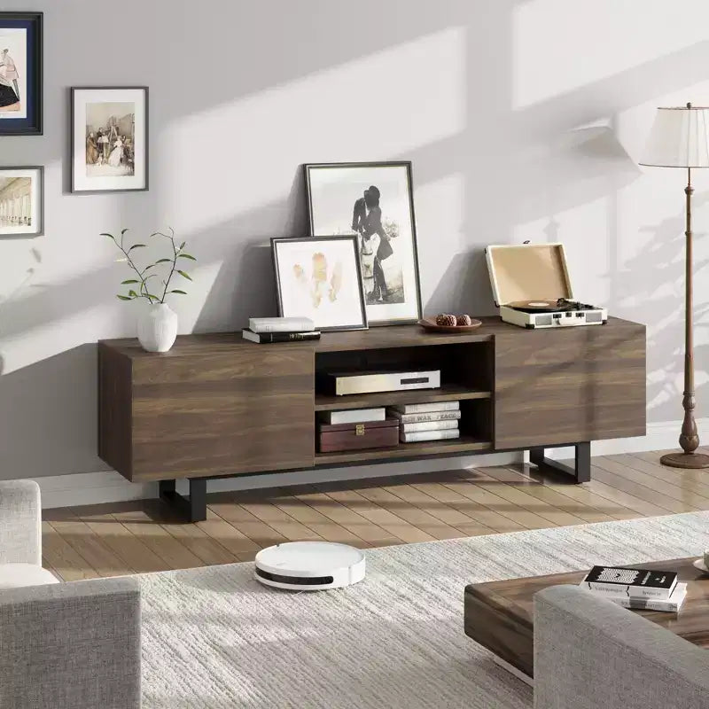 Meuble TV industriel pour 80 pouces, centre de divertissement moderne avec 2 tiroirs, meuble multimédia en bois avec pieds robustes et rangement ouvert