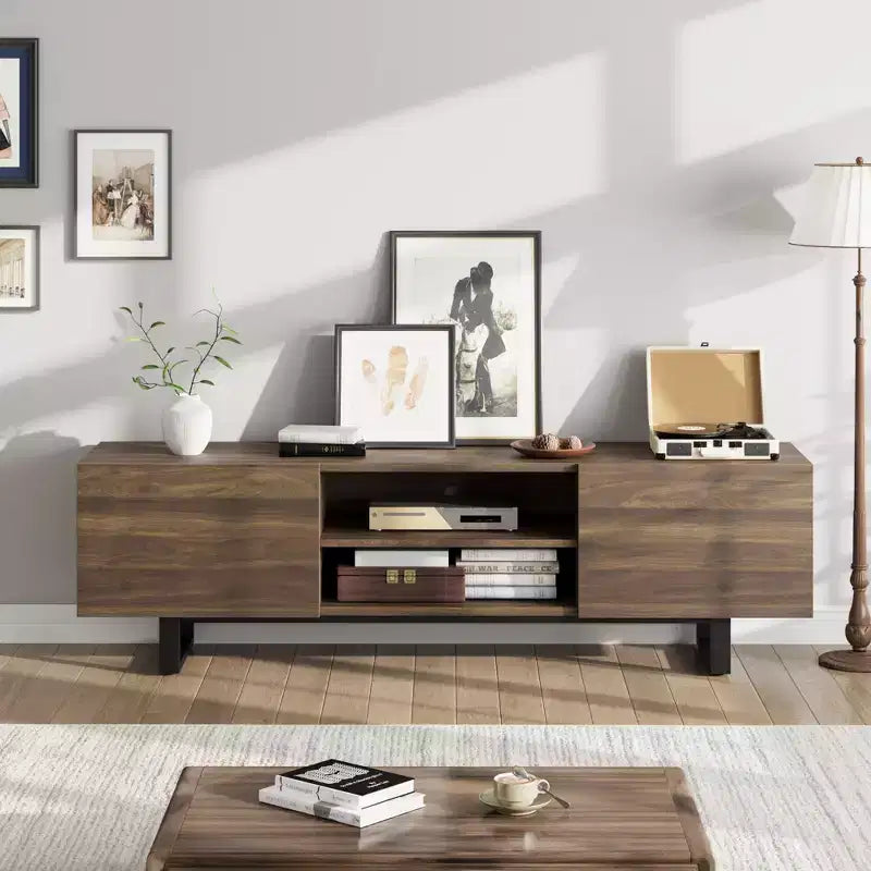 Meuble TV industriel pour 80 pouces, centre de divertissement moderne avec 2 tiroirs, meuble multimédia en bois avec pieds robustes et rangement ouvert