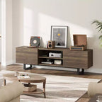 Meuble TV industriel pour 80 pouces, centre de divertissement moderne avec 2 tiroirs, meuble multimédia en bois avec pieds robustes et rangement ouvert