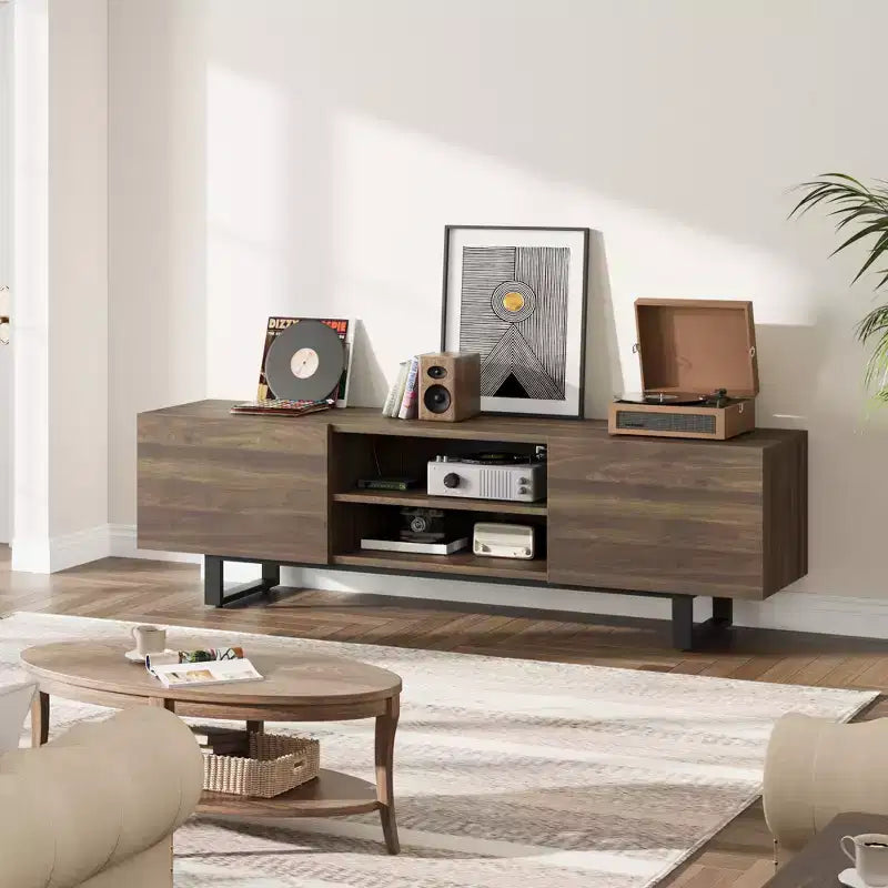 Meuble TV industriel pour 80 pouces, centre de divertissement moderne avec 2 tiroirs, meuble multimédia en bois avec pieds robustes et rangement ouvert