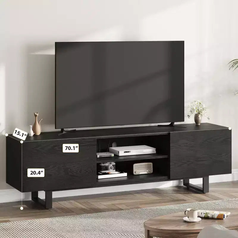 Meuble TV industriel pour 80 pouces, centre de divertissement moderne avec 2 tiroirs, meuble multimédia en bois avec pieds robustes et rangement ouvert