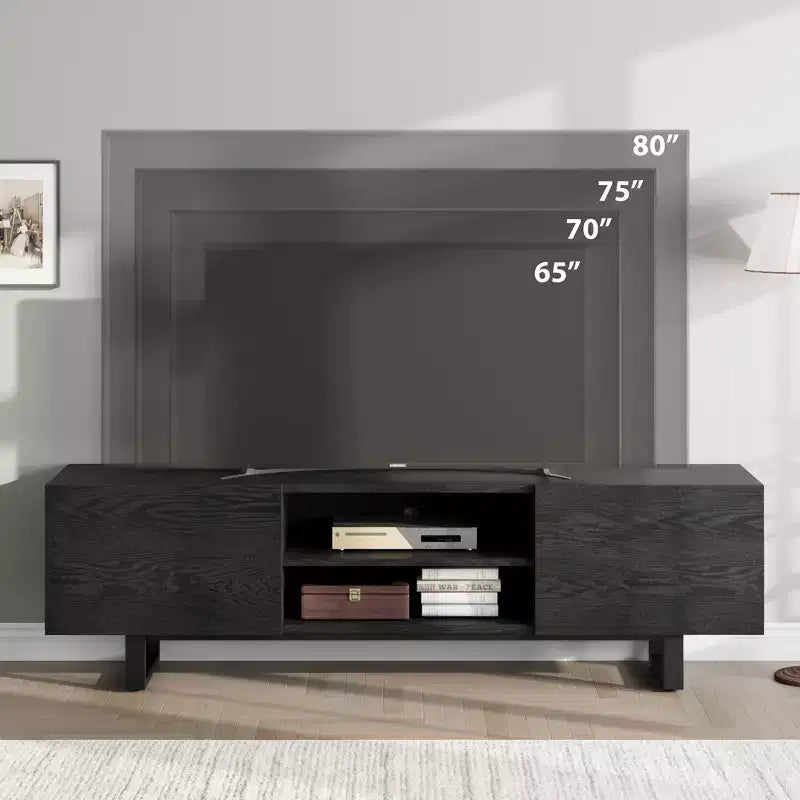 Meuble TV industriel pour 80 pouces, centre de divertissement moderne avec 2 tiroirs, meuble multimédia en bois avec pieds robustes et rangement ouvert